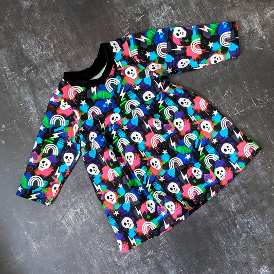 Premade 12-18m - Black Abstract Skelly Gathered Dress